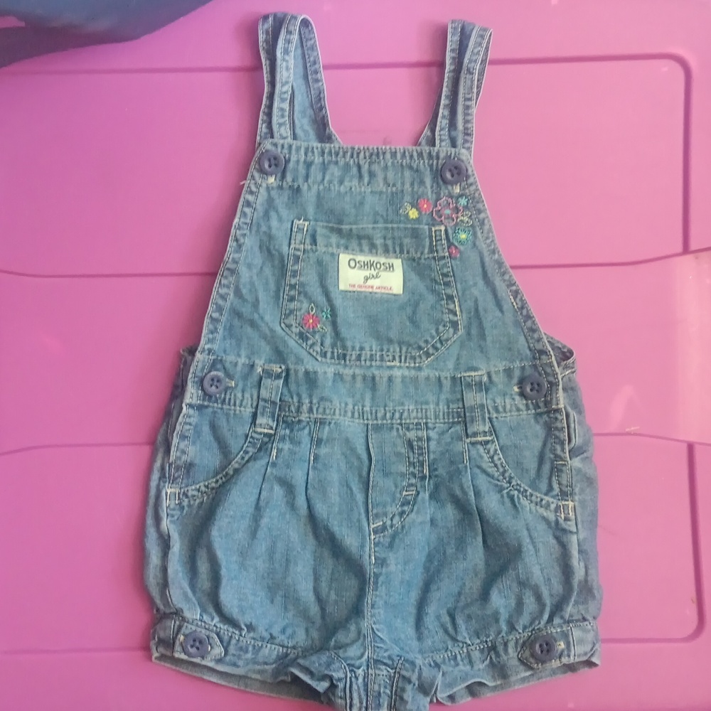 OshKosh denim shorts overalls with embroidered flowers